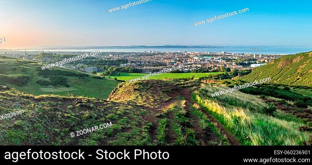 Panorama Of Edinburgh, Scotland, Including Holyrood Palace And Calton Hill, As Taken From Arthur's Seat On A Beautiful, Clear Summer Evening