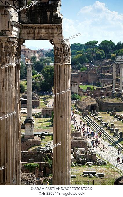 Rome. Italy. View of the Roman Forum from the Tabularium, Capitoline Museums. Temple of Vespasian (foreground) & via Sacra