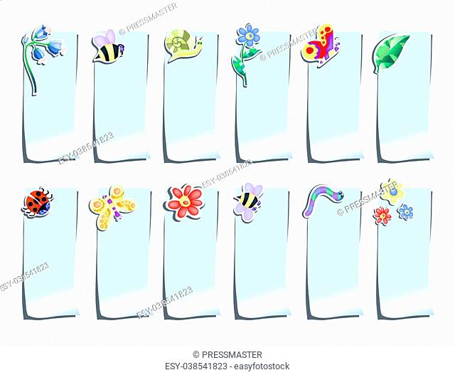 Vector illustration of blue stickers with flowers and insects