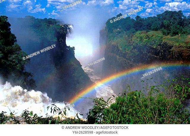 Aerial image of Victoria Falls with rainbow Mosi-oa-Tunya Zimbabwe
