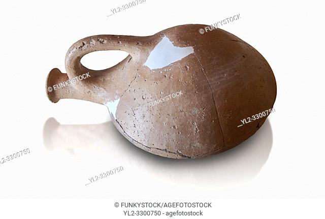 Hittite terra cotta cult pilgrim flask. Hittite Period 1650 - 1450 BC, Ortakoy Sapinuvwa . Çorum Archaeological Museum, Corum, Turkey