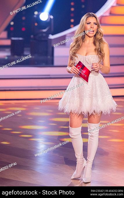 21 April 2023, North Rhine-Westphalia, Cologne: Victoria Swarovski, presenter, is on the dance floor in the RTL dance show ""Let's Dance"" at the Coloneum
