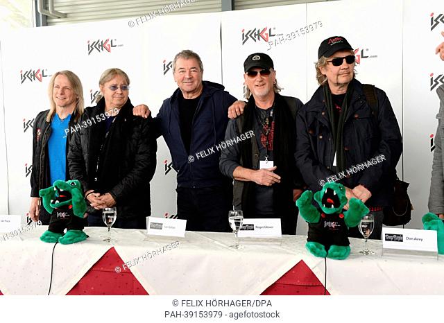 Guitarist Steve Morse (L-R), drummer Ian Paice, singer Ian Gillan, bassist Roger Glover and organist Don Airey of the British rock group 'Deep Purple' give a...