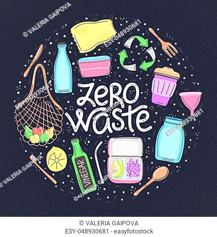 Vector hand drawn zero waste objects and lettering in round shape. Lifestyle. Save planet. It can be used for brochure, flyer, poster, banner, package
