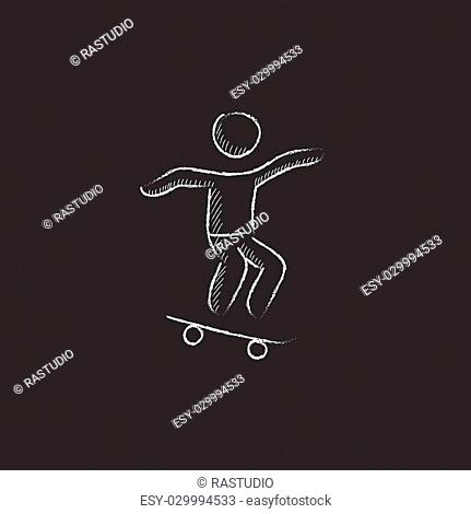 Man riding on a skateboard. Hand drawn in chalk vector isolated icon for web, mobile and infographics