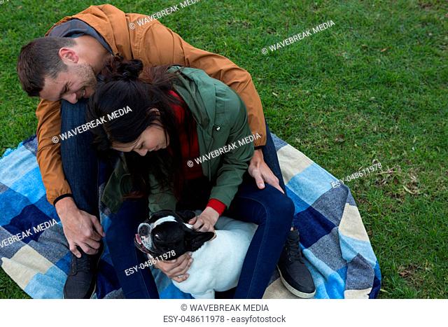 Couple playing with their dog