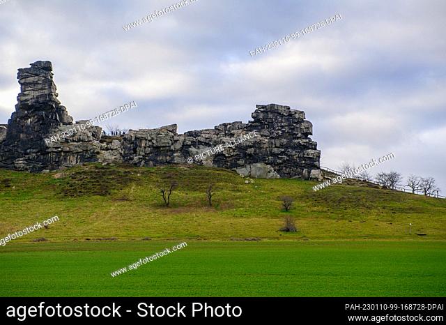 10 January 2023, Saxony-Anhalt, Weddersleben: Green fields surround the rocks of the Teufelsmauer. Because of the mild temperatures