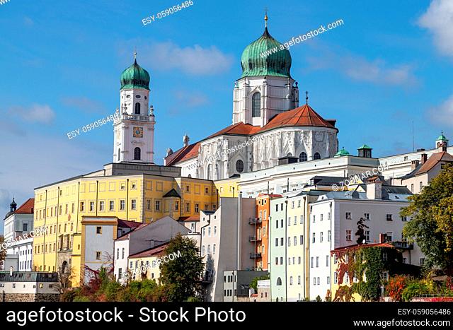 View at the towers of St. Stephen's Cathedral (Dom St. Stephan) in Passau, Bavaria, Germany