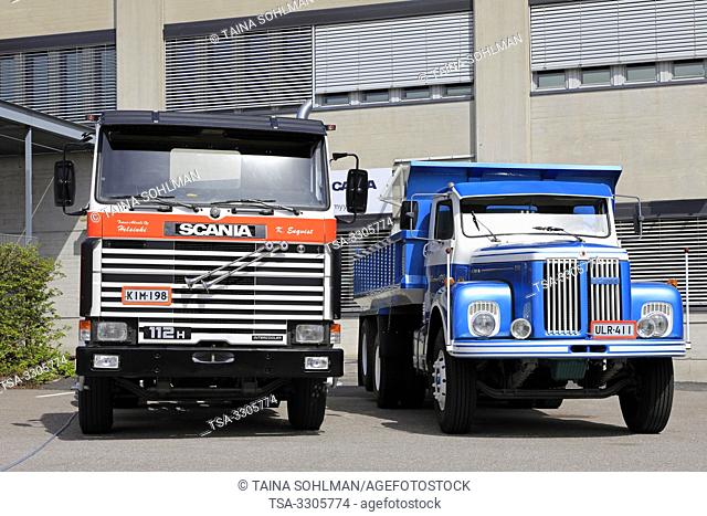 Helsinki, Finland. 09 May, 2019. Classic Scania trucks, from left cab over Scania 112H and conventional cab Scania 111 on Scania Suomi 70 Years Anniversary...