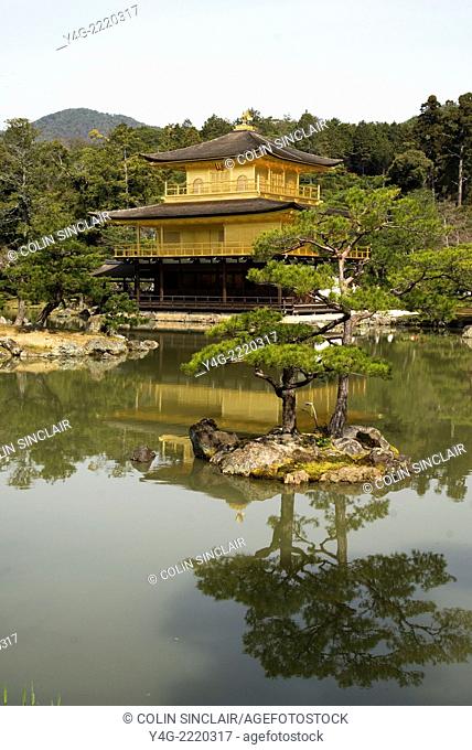 Kinkakuji, The Golden Pavilion, Rokuen ji Temple, Kyoto, Japan, View across pond and islets, Early morning, Springtime, Vertical