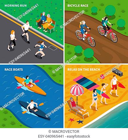 Four square summer outdoor activity people icon set with morning run bicycle and boats races relax on the beach descriptions vector illustration