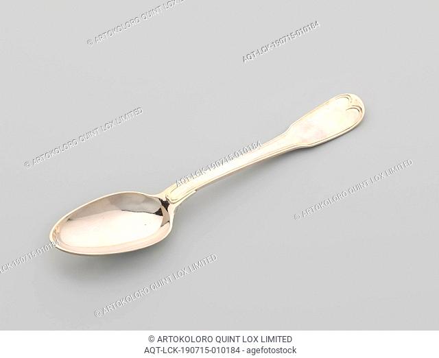 Dessert spoon with the helmet sign Clifford, The egg-shaped bowl of the spoon has a narrowed end and is connected on both top and bottom by means of a single...
