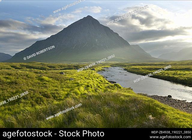 Scotland, Highland, near Glen Coe, Buachaille Etive Mor and the River Etive This mountain stands at the head of both Glen Coe and Glen Etive and on the edge of...