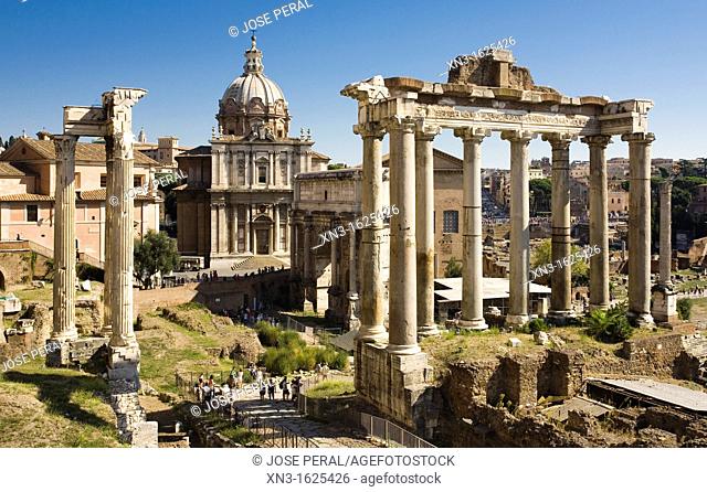 Columns of the Temple of Vespasian, Church of Santi Luca e Martina, Arch of Septimius Severus, Temple of Saturn, Forum Romanum, Roman Forum, Rome, Lazio, Italy