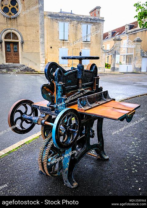Printing presses adorn the streets of the medieval town of Montmorillon which is renowned for it's association with books and writing