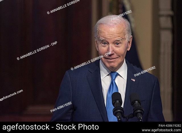 United States President Joe Biden delivers remarks at a meeting of the National Infrastructure Advisory Council in the Indian Treaty Room in the Eisenhower...