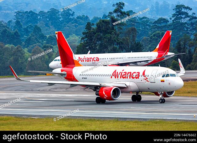 Medellin, Colombia ? January 27, 2019: Avianca Airbus A319 airplane at Medellin Rionegro airport (MDE) in Colombia