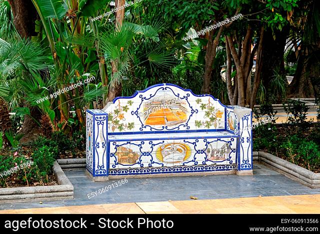MARBELLA, ANDALUCIA/SPAIN - JULY 6 : Decorative Tiled Bench in the Alameda Park Marbella Spain on July 6, 2017
