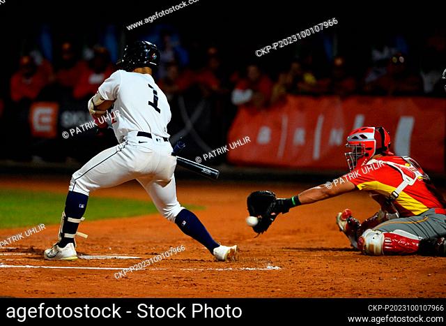 Harry Ford (GBR), left, in action during the European Baseball Championship final, Spain vs Britain, at the YD Baseball Arena Brno, Czech Republic, on October 1