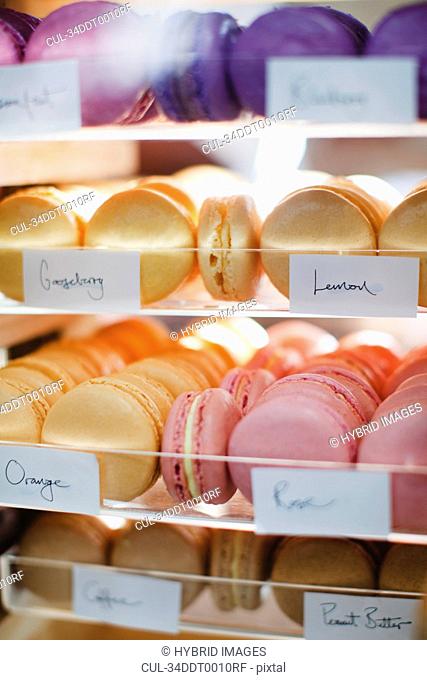 Macaroon varieties in bakery display