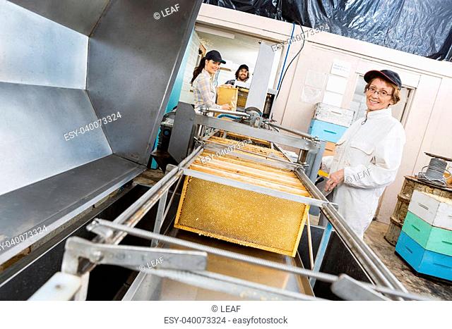 Portrait of senior female beekeeper working on honey extraction plant with colleagues in factory