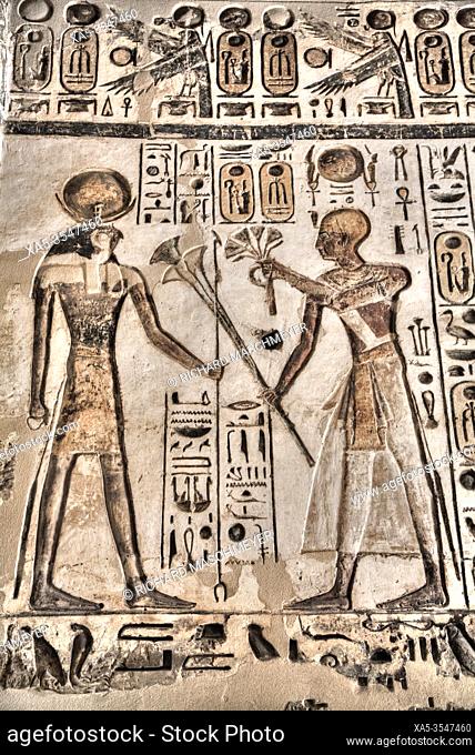 Relief, Pharaoh (R), God Horus (L), Temple of Khonsu, Karnak Temple Complex, UNESCO World Heritage Site, Luxor, Egypt
