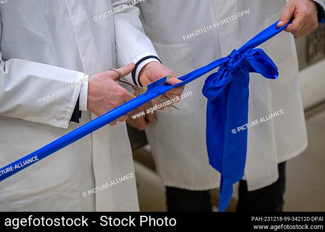 18 December 2023, Saxony, Riesa: The Prime Minister of Saxony, cutting a ribbon at the inauguration of a new production facility for spaetzle