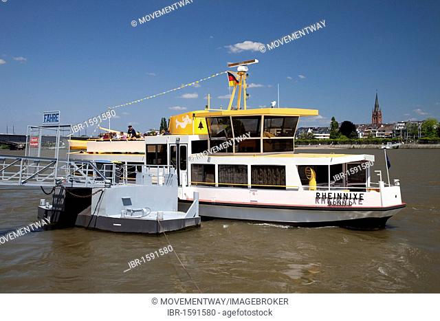 Pier and the ferry named Rheinnixe, Rhine River, Bonn, Rhineland region, North Rhine-Westphalia, Germany, Europe