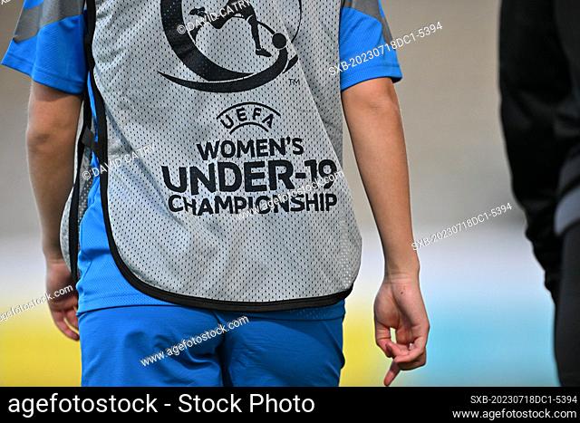 illustration picture showing a warming up bib of the Uefa Women’s Under-19 Championship during a female soccer game between the national women under 19 teams of...