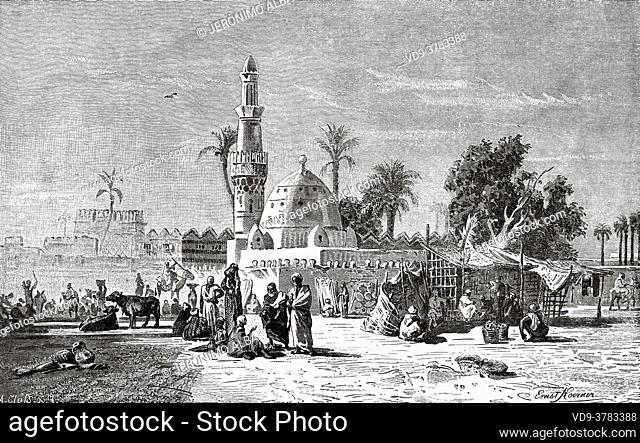 General view of the Egyptian city of Sohag, Egypt 19th Century. Old XIX century engraved illustration, El Mundo Ilustrado 1880