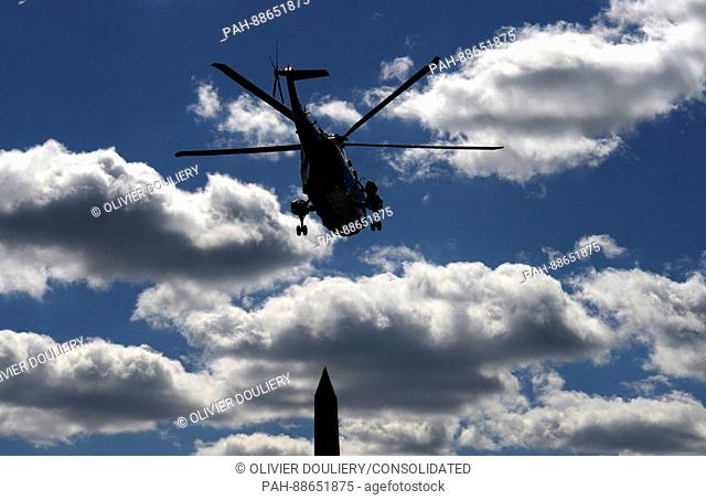 Marine One with United States President Donald J. Trump aboard departs the White House en route to Langley Air Force Base on March 2, 2017 in Washington, DC