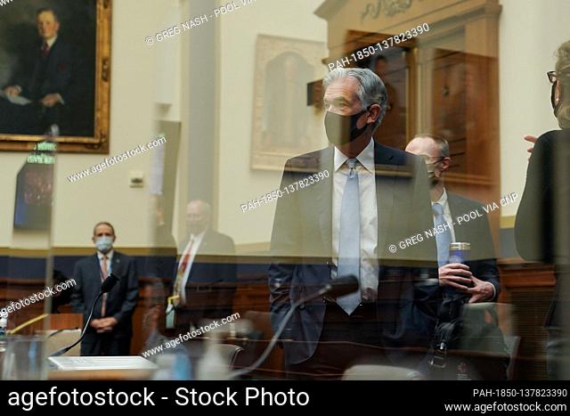 Jerome H. Powell, Chair of the Board of Governors of the Federal Reserve System arrives for a House Financial Services Committee oversight hearing to discuss...