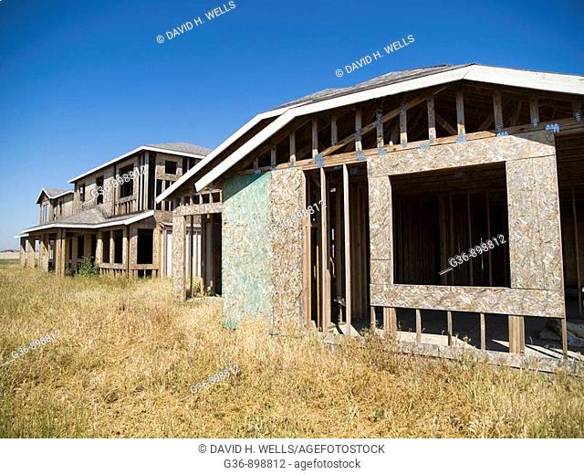 Structures in a failed and abandoned housing development in Merced, California, United States
