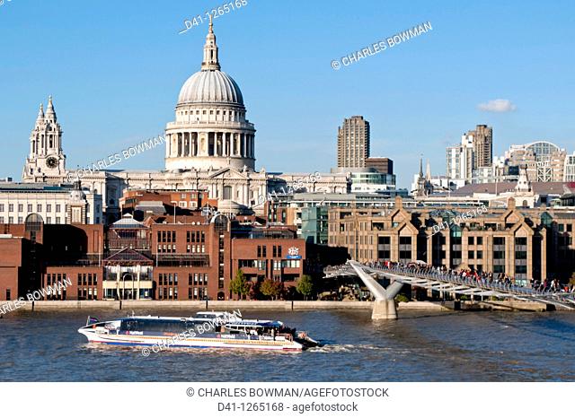 europe, UK, England, London, St Paul's cathedral and millenium footbridge