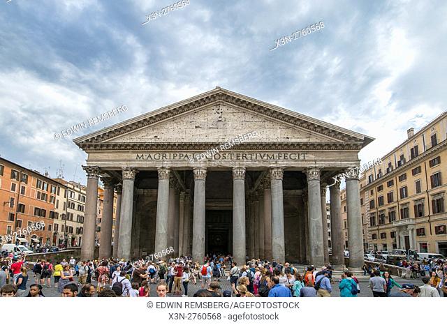 Rome, Italy- Tourists in front of the Roman Pantheon, the most preserved building from Ancient Rome. It was built between AD 118 and 125 by Emperor Hadrian