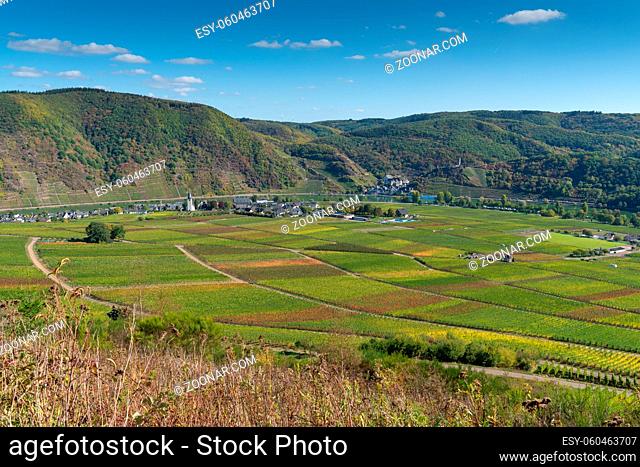 EDIGER-ELLER, GERMANY - OCTOBER 4, 2018: Panoramic view to the Moselle village Ediger-Eller on a autumnal day on October 4, 2018 in Germany, Europe