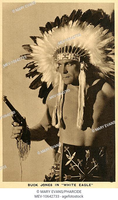 Buck Jones (1891-1942), American film star, seen here playing the role of a Native American in the film White Eagle