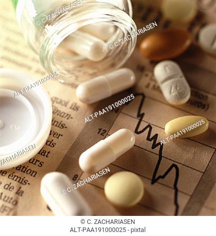 Bottle, pills, and financial charts