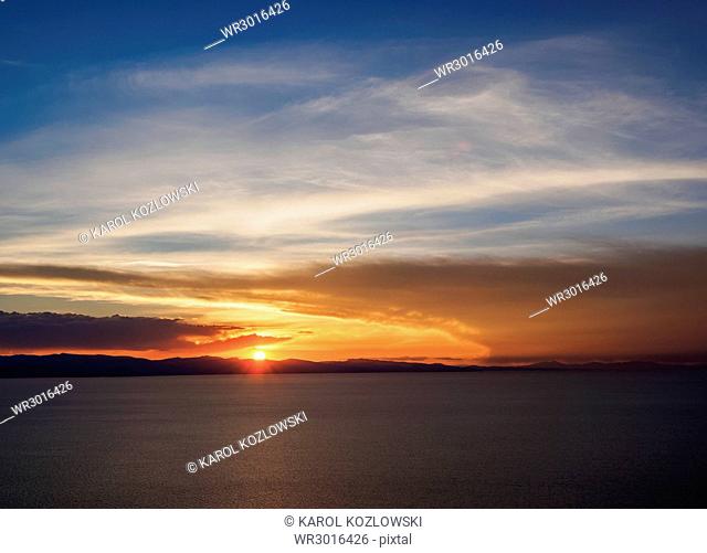 Lake Titicaca seen from the Mount Calvario in Copacabana, sunset, La Paz Department, Bolivia, South America