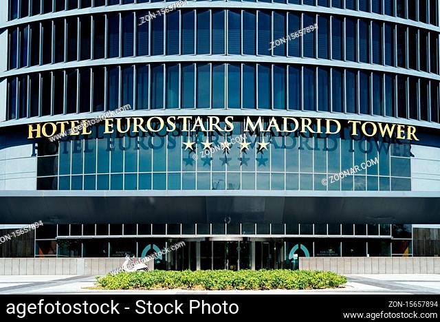 Madrid, Spain - June 14, 2020: Entrance to Eurostars Madrid Tower Hotel in Cuatro Torres Business Area