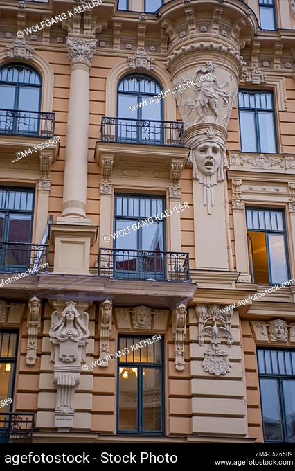Detail of houses in Art Nouveau style (Jugendstil) architecture by Mikhail Eisenstein in Riga, Latvia