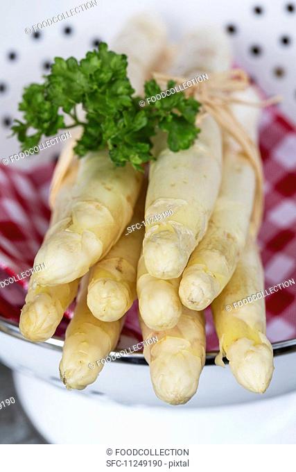 A bunch of white asparagus with parsley in a colander