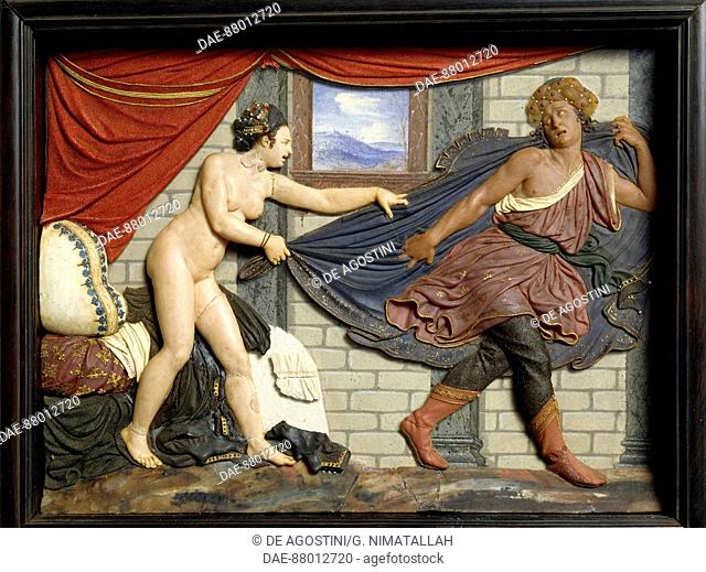 Joseph flees Potiphar's wife, wax tile.  Florence, Museo Nazionale Del Bargello (Bargello National Museum)