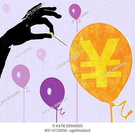 Hand with pin about to burst balloon with yen sign