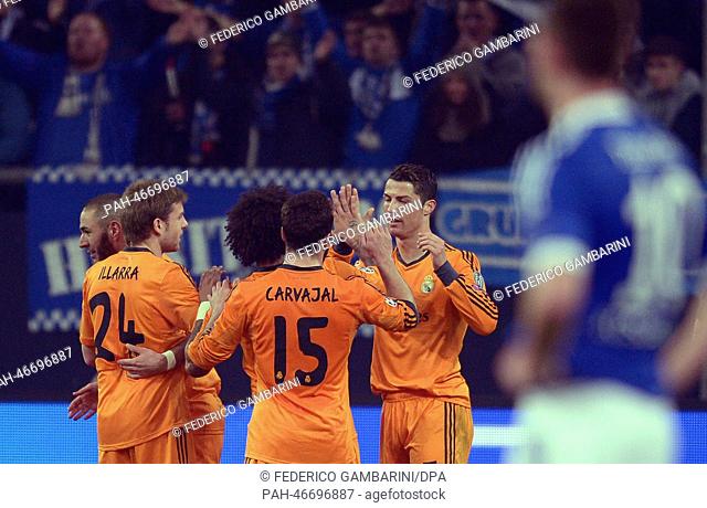 Madrid's Karim Benzema (L-R), Asier Illarramendi, Marcelo, Daniel Carvajal and Cristiano Ronaldo celebrate the 0-6 goal during the Champions League round of...