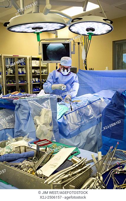Englewood, Colorado - Dr. Paul Elliott performs minimally invasive lumbar spine surgery on a patient at Swedish Medical Center