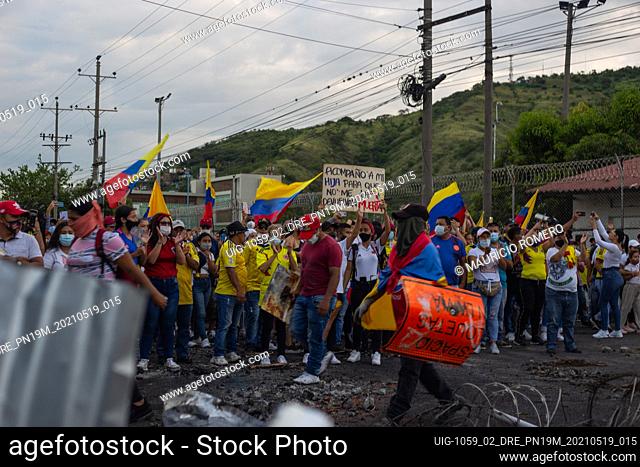 Houndreds of demonstrators with Colombian flags and signs gather at Yumbo, Cali, Valle del Cauca in Colombia during May 19
