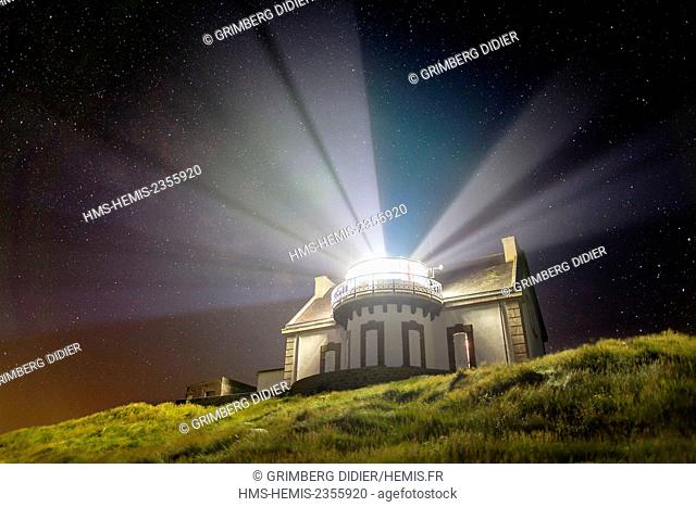 France, Finistere, Cap Sizun, Pointe du Millier, Millier lighthouse rays in the night, Great National Location