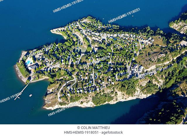 France, Hautes Alpes, Serre Poncon lake, Prunieres Bay Saint Michel, Camping Nautic (aerial view)