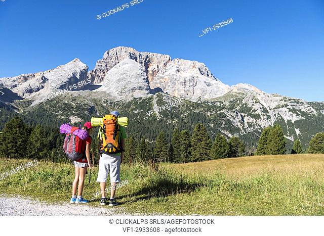 Prato Piazza/Plätzwiese, Dolomites, South Tyrol, Italy. Two children admire the mountains above the Prato Piazza/Plätzwiese